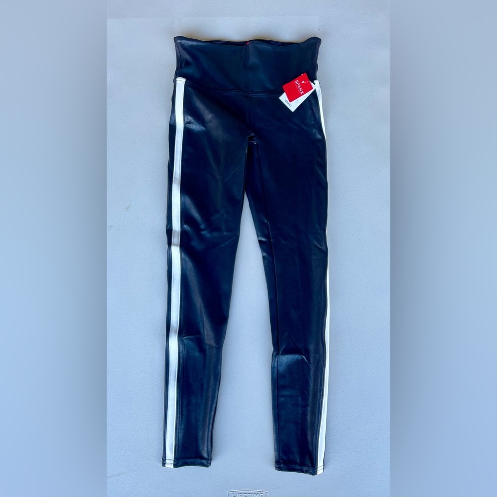NWT - SPANX Faux Black Leather Leggings with White Side Stripes